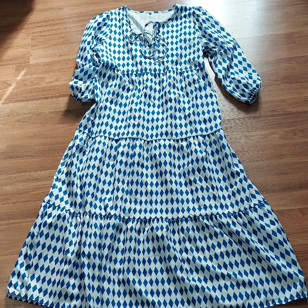 Blue Diamond Print Maxi Dress - Women's Long Tiered Dress